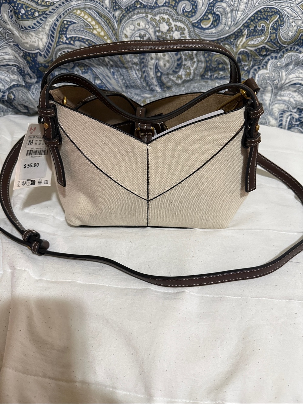 Zara Cream Canvas Crossbody with Brown Trim